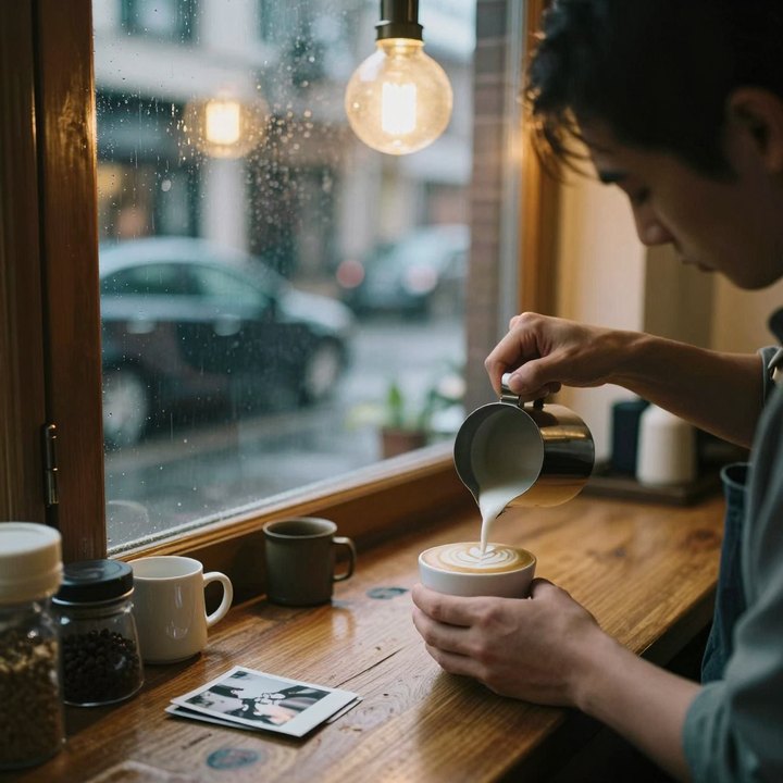 Input photo for the editing test: a barista pouring latte art by a rainy window