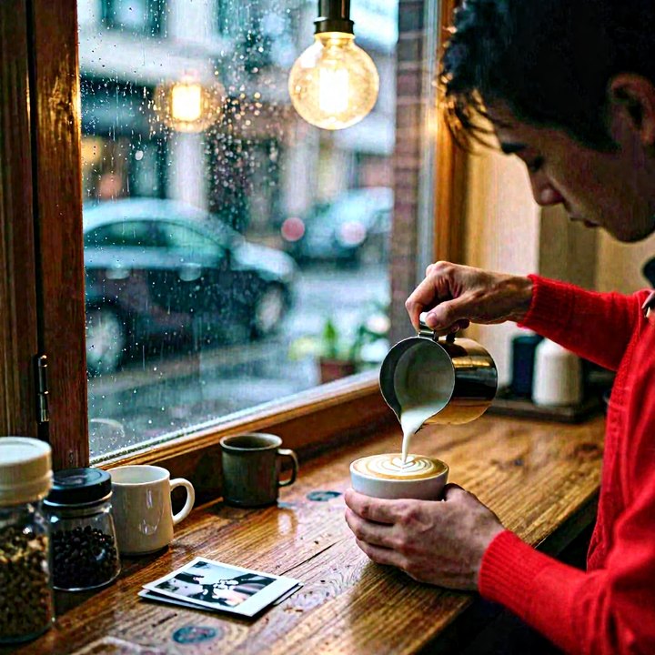FLUX.1 Kontext [dev] sample image: Change the barista's shirt to a bright red knitted sweater. Keep everything else the same.