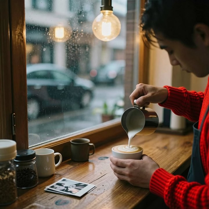 Qwen-Image-Edit 2511 sample image: Change the barista's shirt to a bright red knitted sweater. Keep everything else the same.