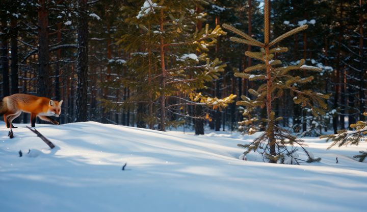 Wan 2.2 T2V 14B video frame: a red fox walking through fresh snow in a pine forest, slow camera pan, soft morning light, cinematic